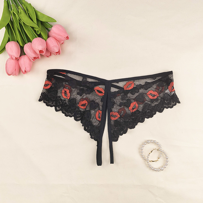 European and American sizes lace lip print lifting buttocks thin embroidery women's underwear foreign trade Amazon crotch pants manufacturer direct sales