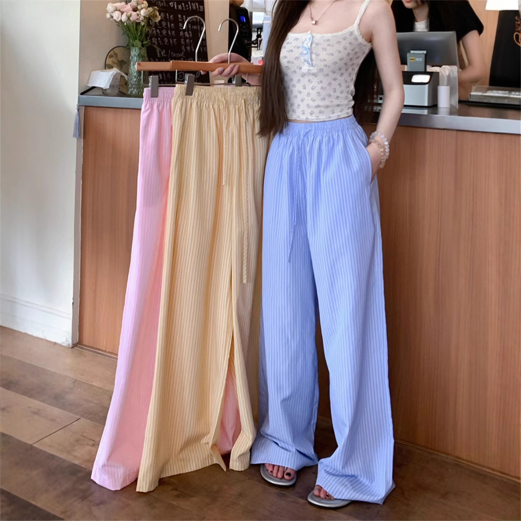 Cross border thin vertical stripe hanging women's casual pants, summer contrasting breathable straight leg loose leg floor pants