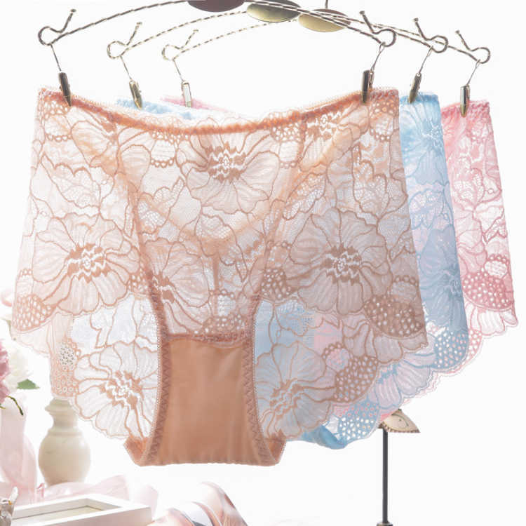 Cross border lace hollow out plus fat women's mid waist triangle pants sexy mesh thin breathable cotton underwear for women