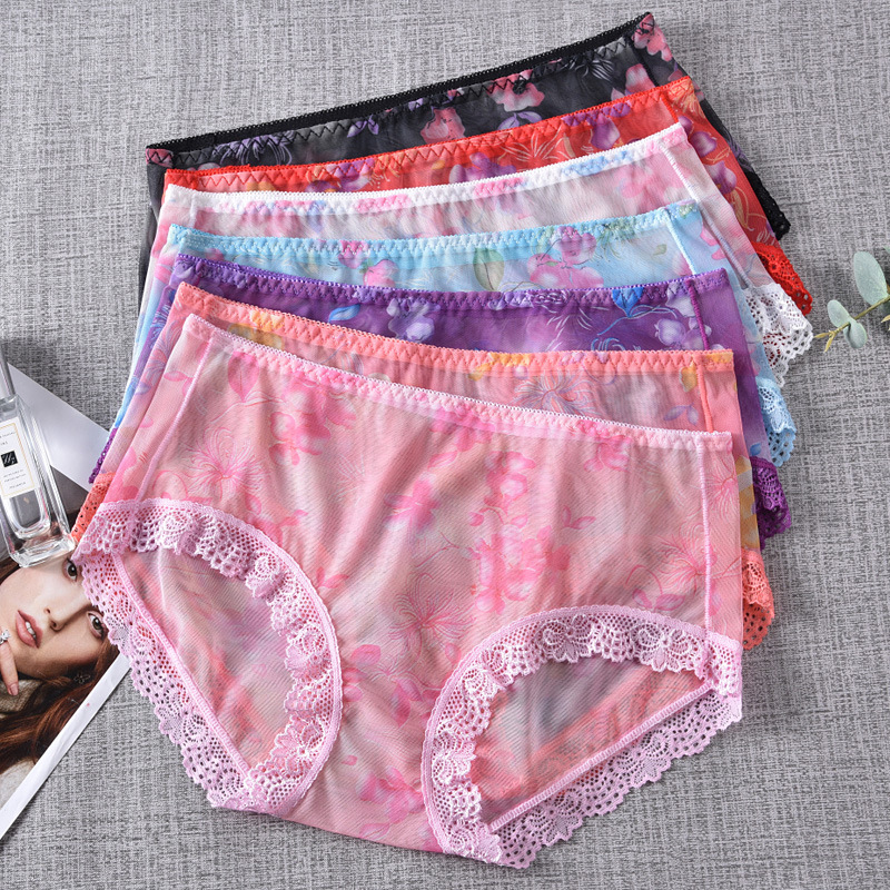 Lace Transparent Medium Low Waist Sexy Breathable Underwear Women's Perspective Thin Mesh Printed Girls' Triangle Pants Headpiece