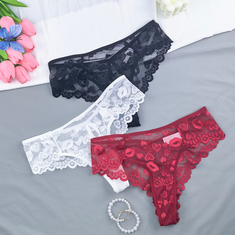 Cross border European and American women's low waist sexy lace T pants, mesh thong, pure cotton crotch triangle pants, oversized transparent