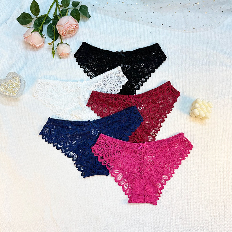 French lace underwear for women's summer sexy bow thin cut hollow breathable low waist cotton triangle pants for women