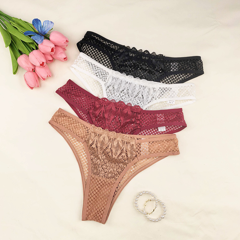 European and American style sexy hollow lace underwear thin retro style solid color perspective low waist half hip women's triangle pants