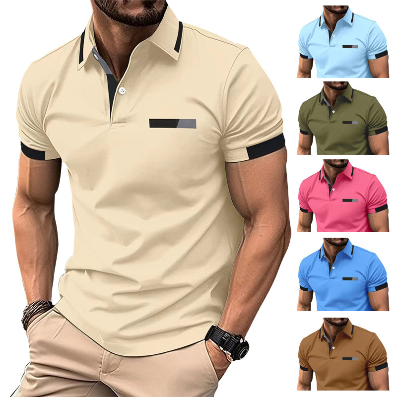 Amazon's new cross-border men's casual polo shirt with fake chest pocket, lapel button, business T-shirt top for men
