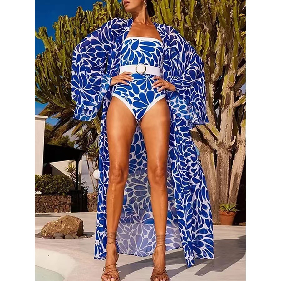 2024 new cross-border fashion printed one-piece swimsuit women's Amazon long sleeved cover up French retro hot spring swimsuit