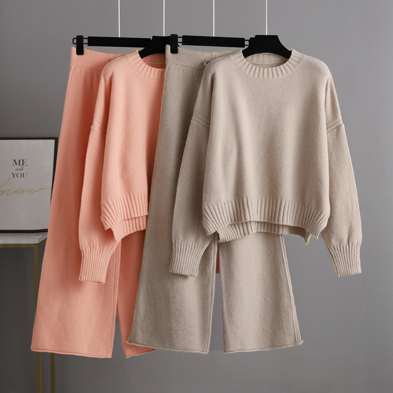 2025 Autumn/Winter New Fashion Casual Knitted Set Pants Women's Edition Loose Sweater Wide Leg Pants Two Piece Set