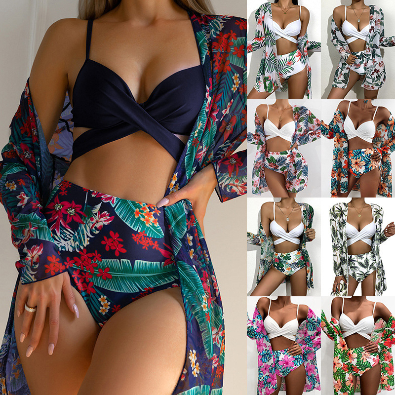 2024 European and American new cross-border bikini Amazon sexy gathering mesh three piece printed split swimsuit for women