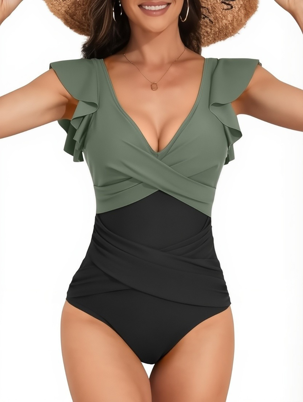 Ins solid color splicing ruffle edge one-piece women's swimsuit triangle gathering deep V cross-border European and American sexy Amazon swimsuit