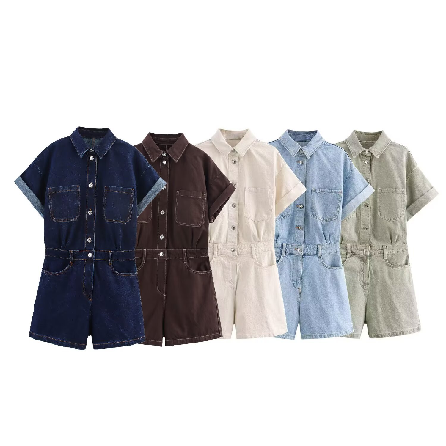 Foreign trade order! Spring new European and American style short sleeved denim jumpsuit with multiple collars 1879039