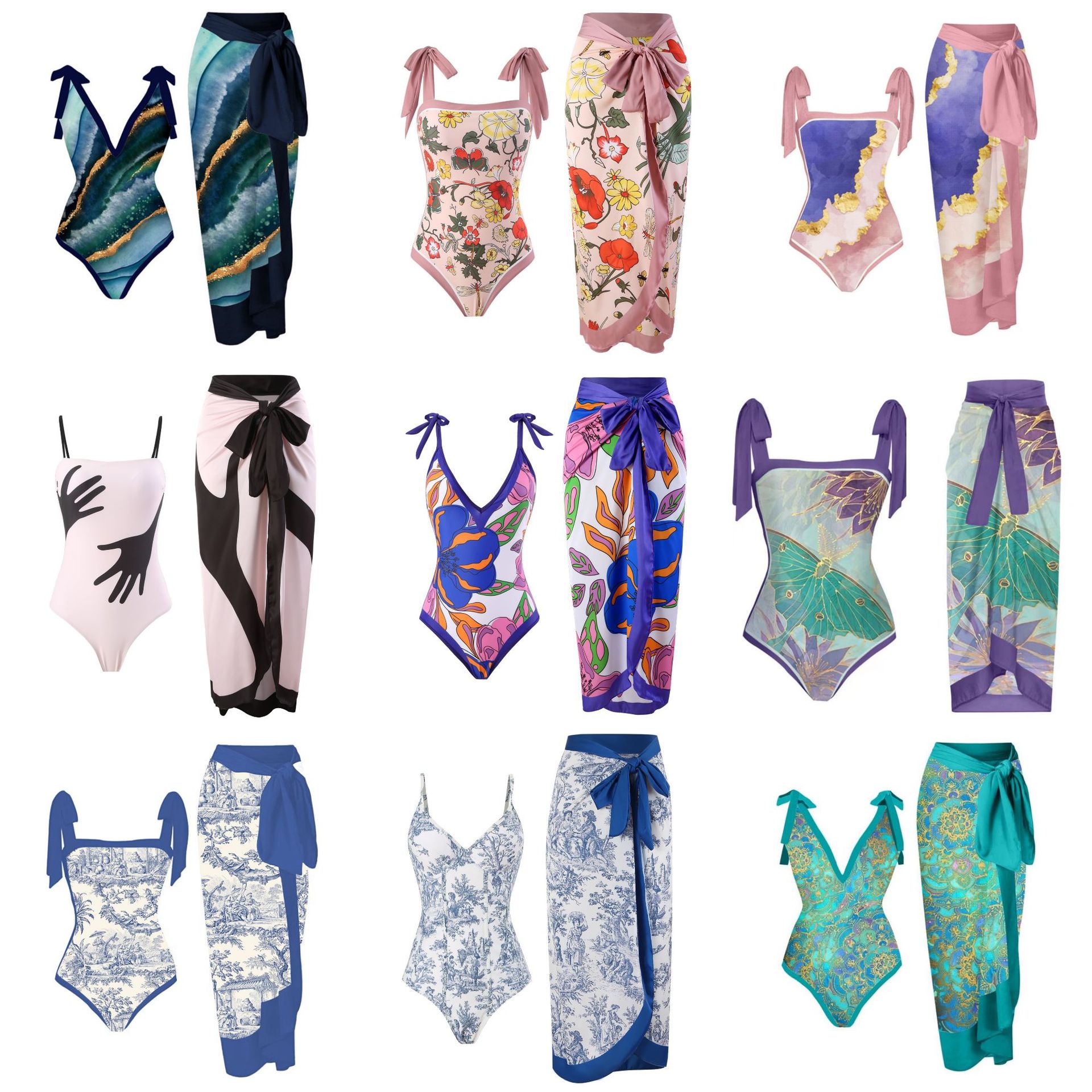 2024 European and American conjoined conservative belly covering slimming vacation beach hot spring swimsuit French retro conjoined bikini