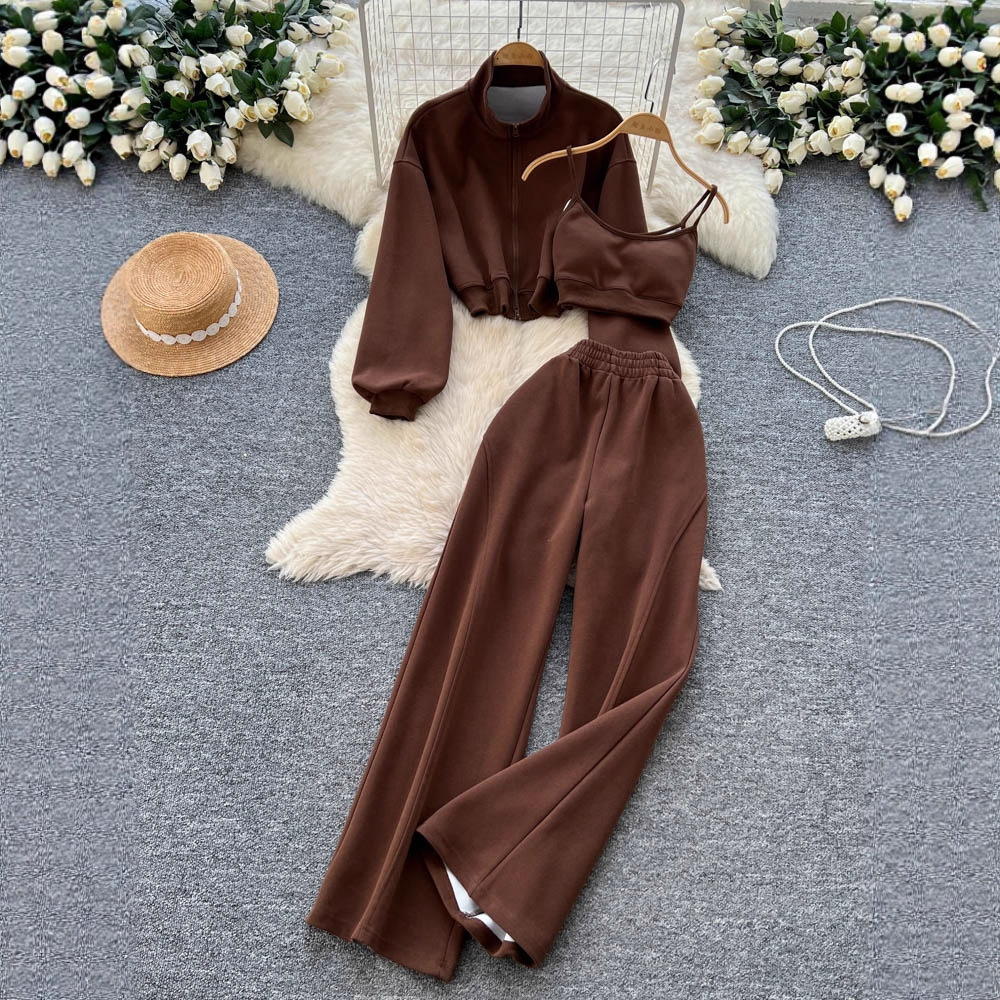 Cross border sports and leisure three piece set for women, with camisole vest, short style stand up collar, long sleeved jacket, high waist and wide legs