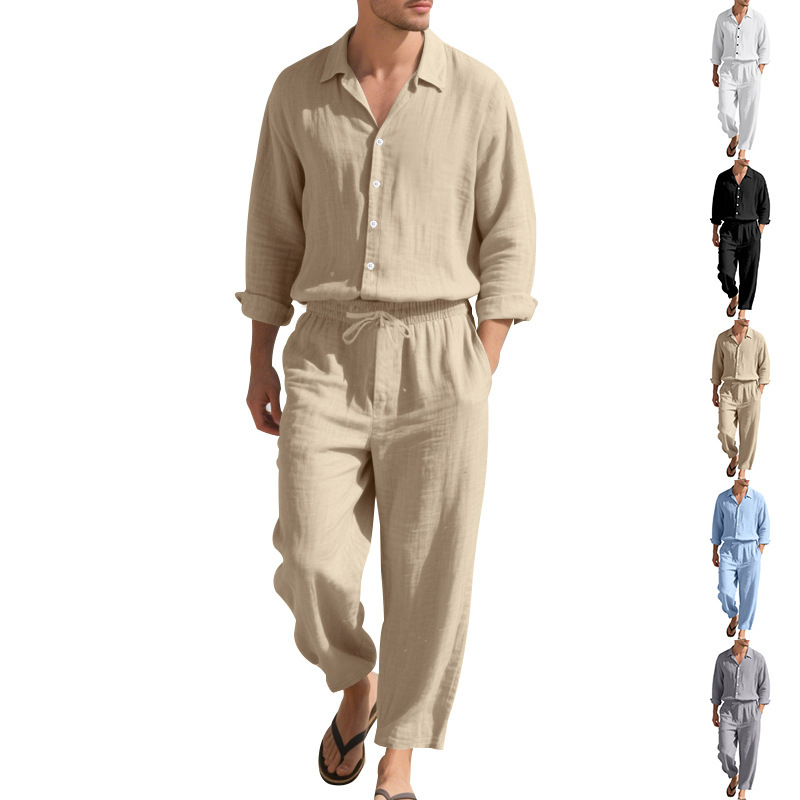 Cross border independent station American four season linen men's suit long pants loose beach thin long sleeved shirt set for men