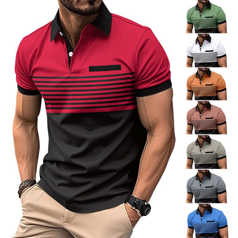 Amazon's new cross-border men's casual polo shirt with fake chest pocket, button print, color blocked striped T-shirt for men