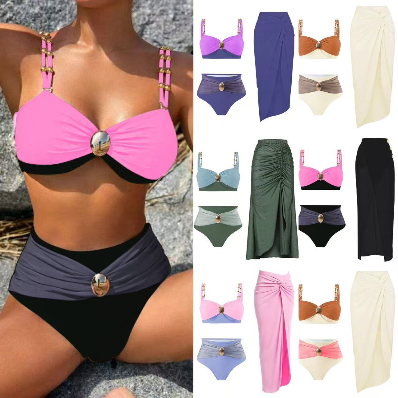 2025 European and American new split swimsuit set, women's gold-plated round color blocked high waist cross-border Lazada sexy bikini