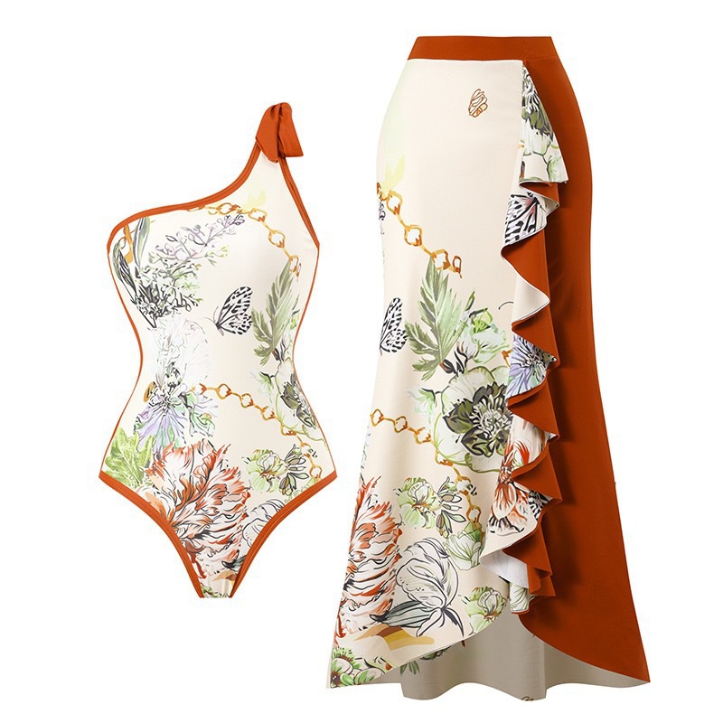 2025 new fashionable printed one-piece swimsuit for women, European and American retro one shoulder chiffon beach skirt bikini set