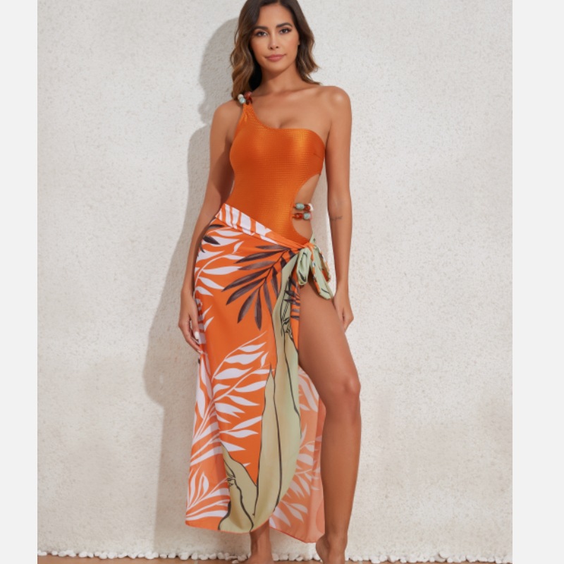 2025 New European and American Beaded Single Shoulder Swimsuit, Women's Belly Covering and Slimming Bikini Sunscreen Dress, Sexy Hot Spring Swimsuit