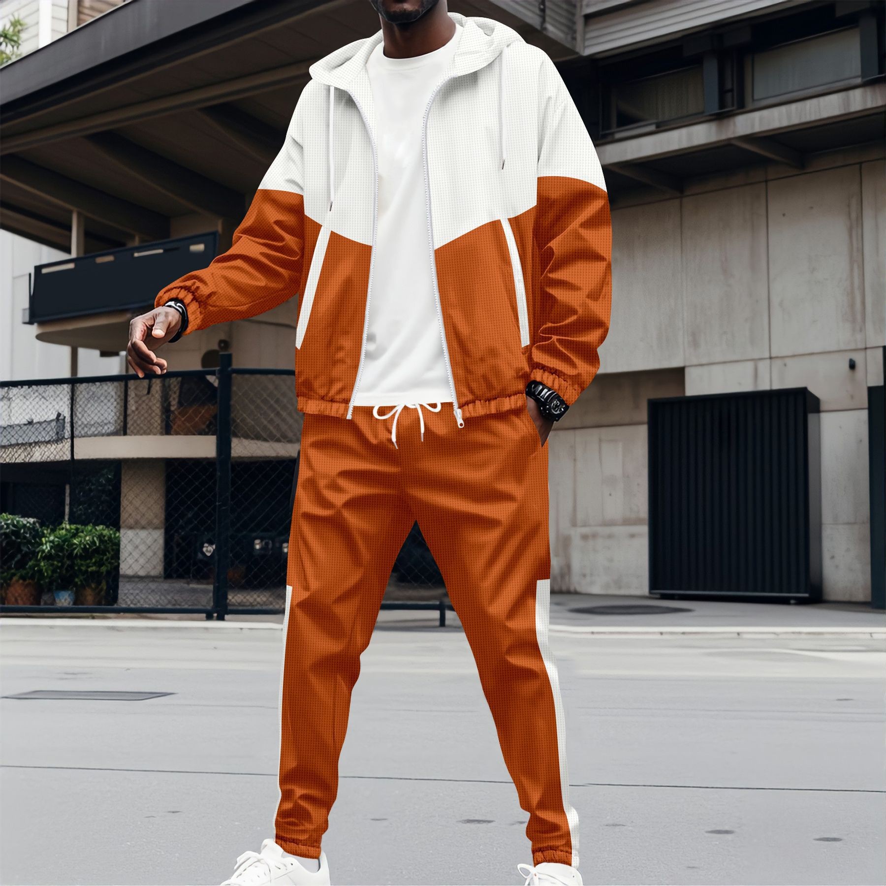 2025 Cross border Men's New Spring and Autumn Hooded Zipper Double Pocket Splicing Color blocked Jacket Coat Sport Set