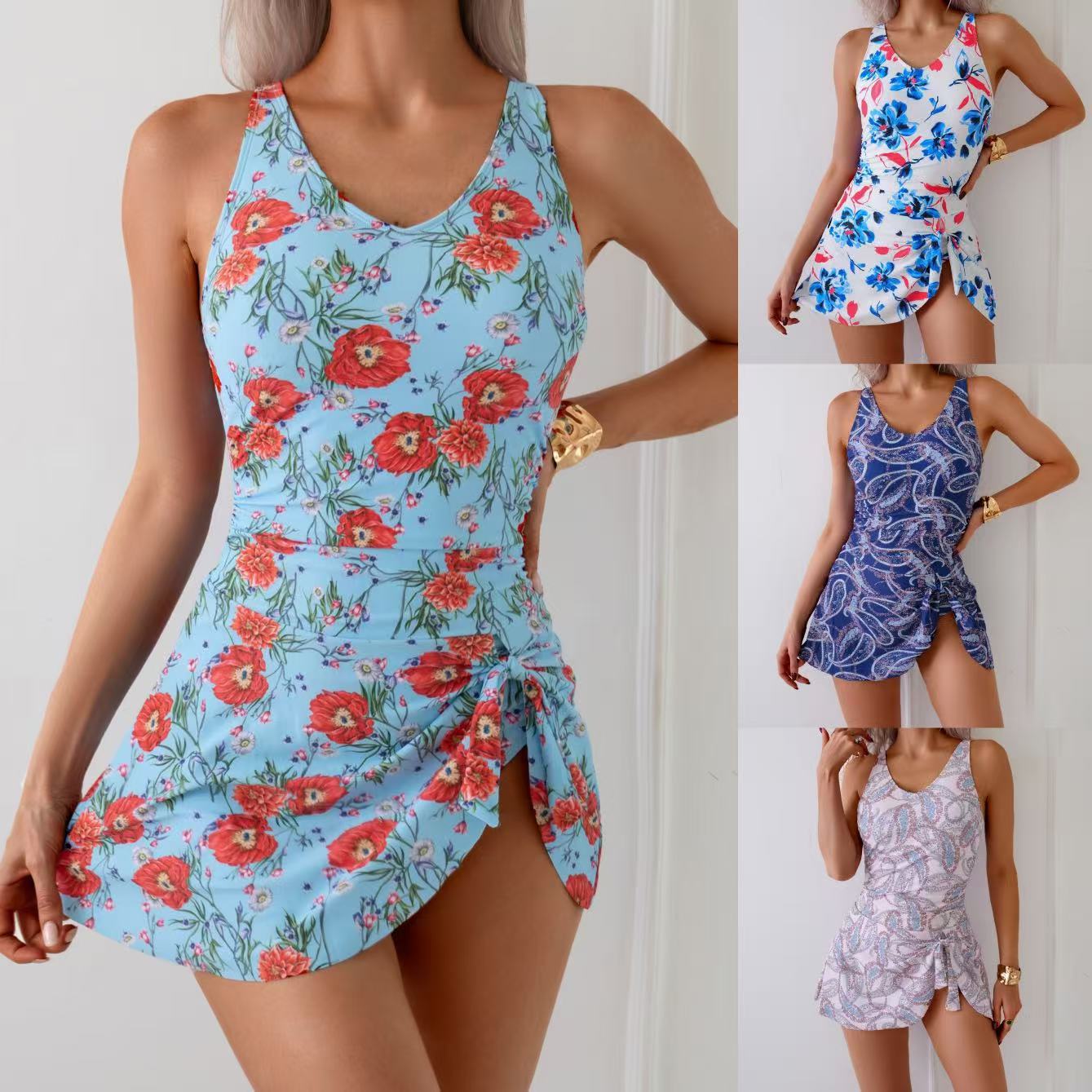 2025 new European and American skirt style printed backless one-piece cross-border AliExpress conservative beach hot spring vacation swimsuit