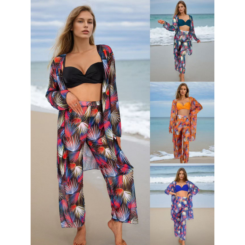 2024 New Bikini Four Piece Set Cross border Amazon Sunscreen Long Sleeve Hoodie Long Pants Beach Hot Spring Swimsuit Women