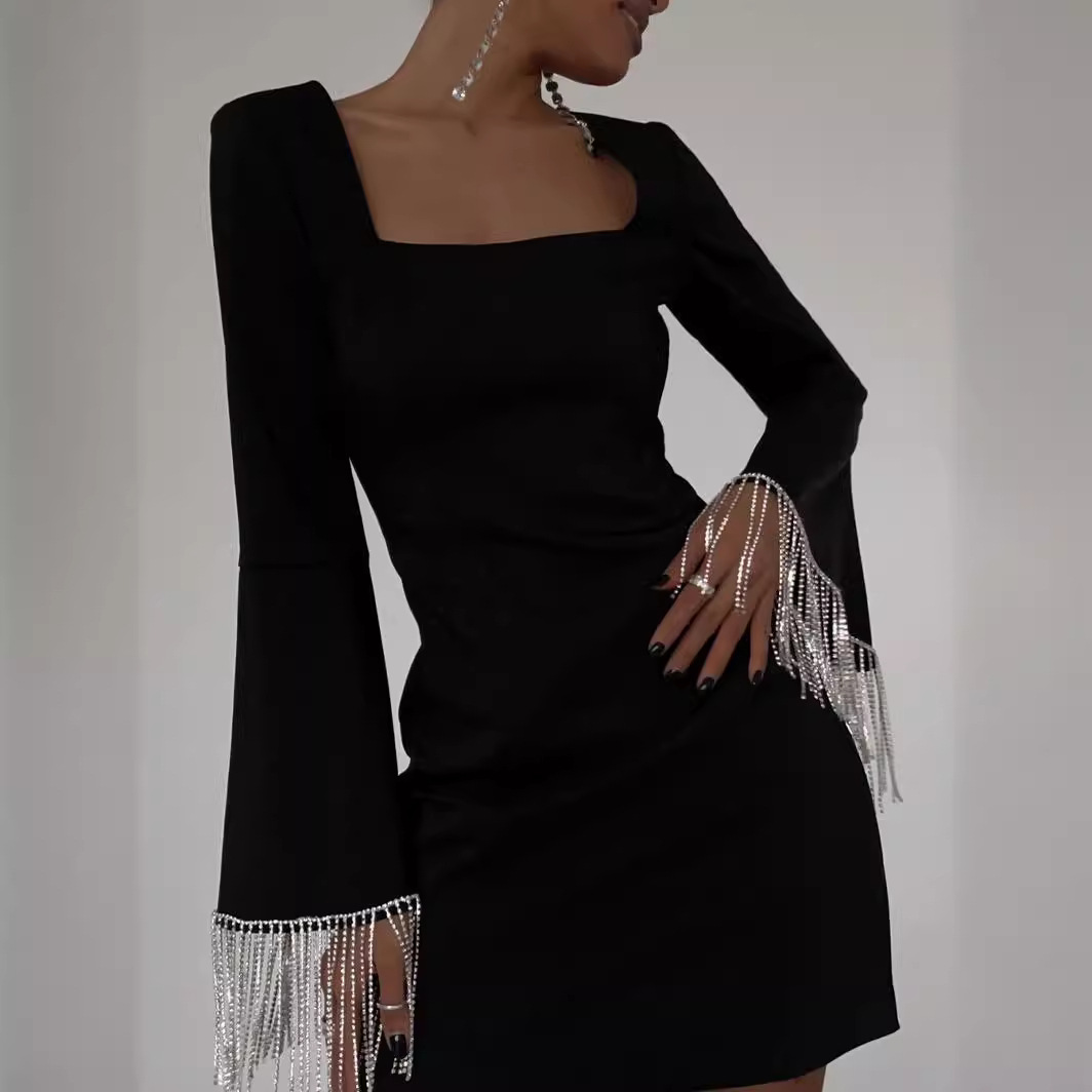 2024 European and American Amazon Cross border Tassel Fashion Back Hollow Horn Sleeve Medium length Black Dress