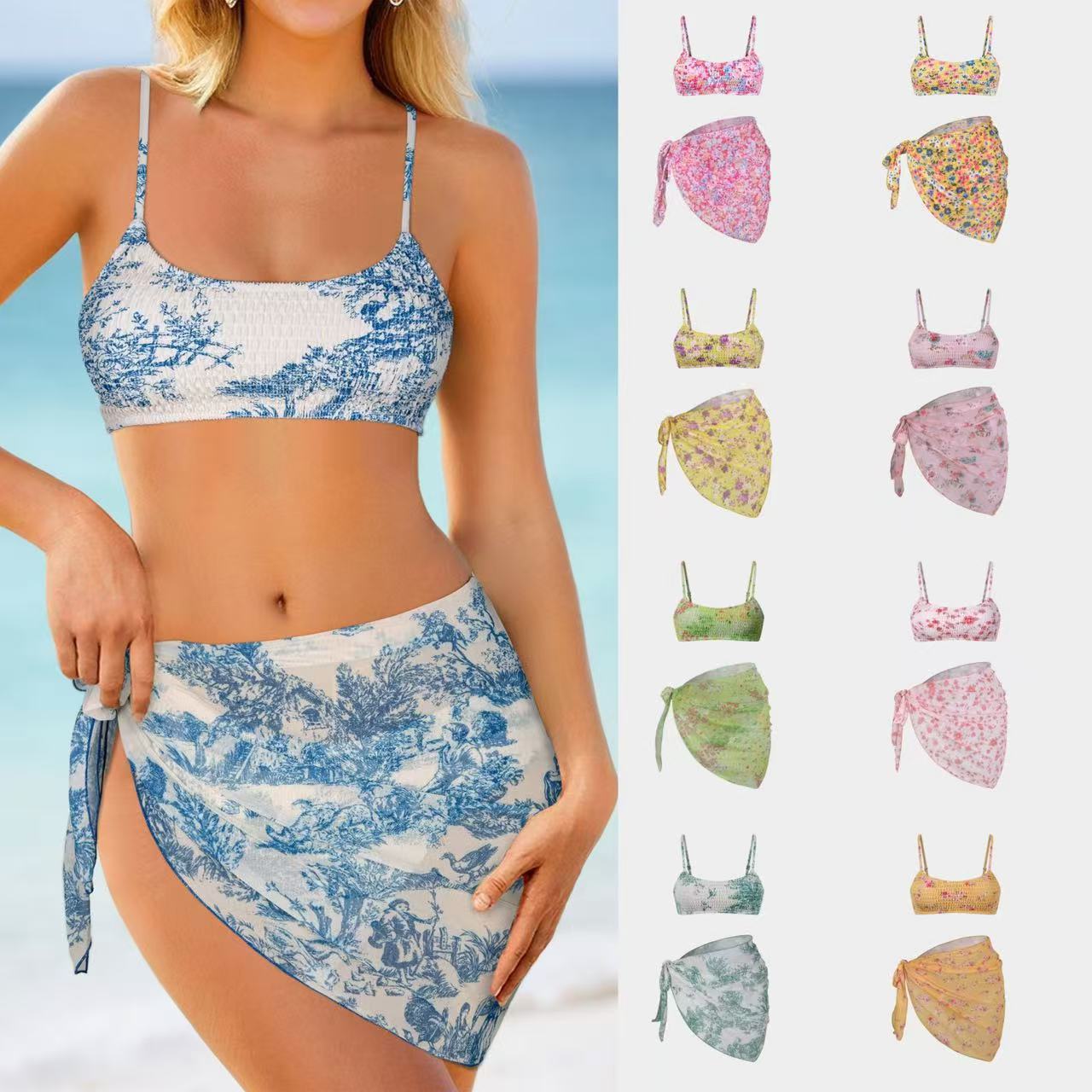 2025 European and American split bikini three piece set cross-border Amazon sexy floral wrap skirt beach bikini swimsuit