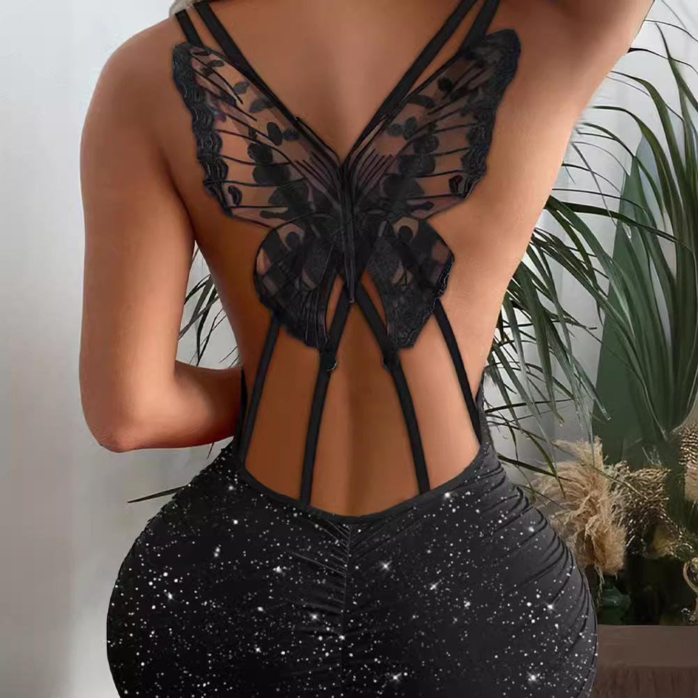 2024 European and American Cross border Fashion Back Butterfly Hollow Flash Elastic Dress
