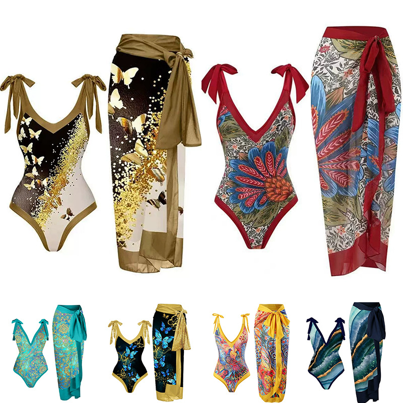 2025 European and American conjoined conservative belly covering slimming vacation beach hot spring swimsuit French retro conjoined bikini