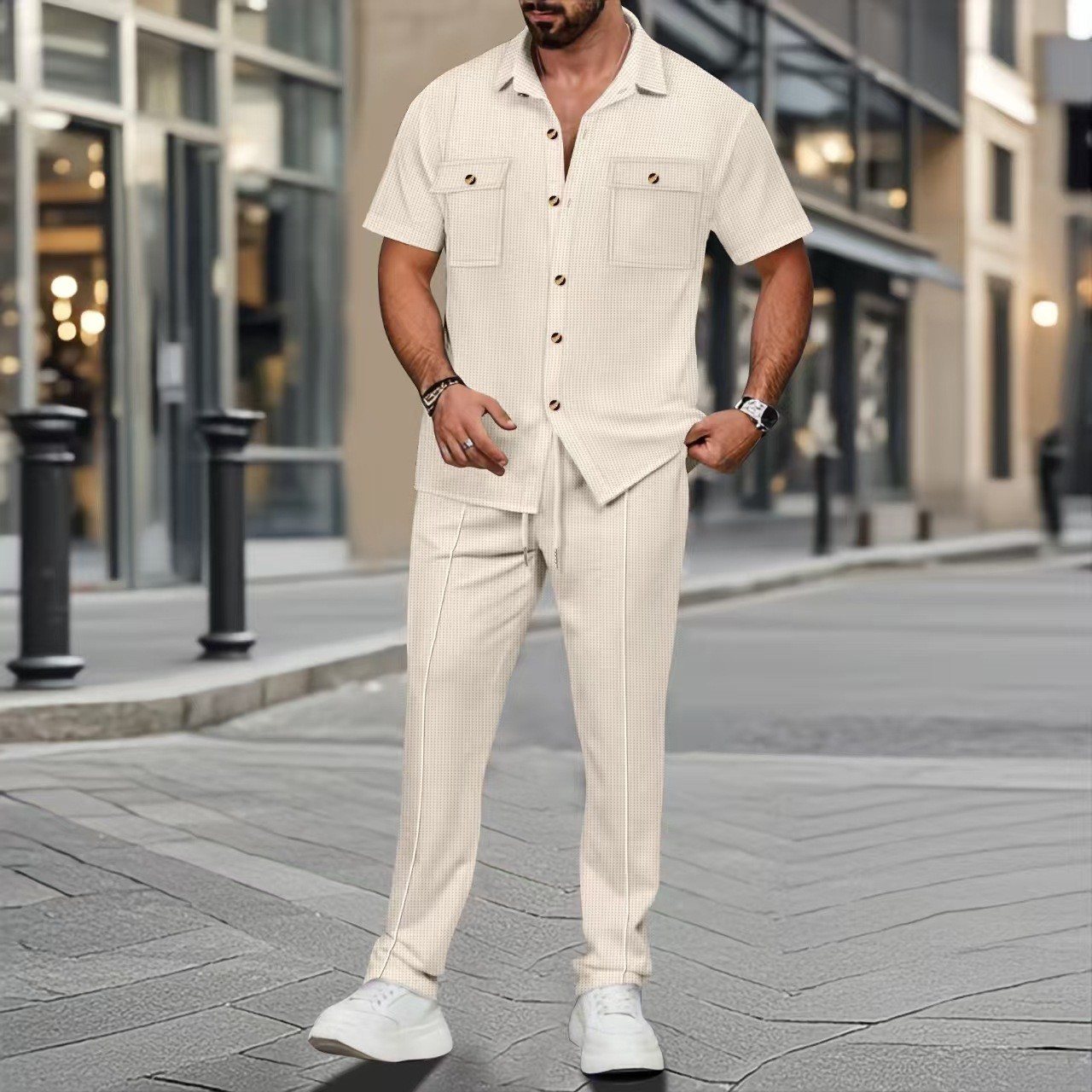 2025 Cross border Men's European and American Independent Station Summer New Solid Color Button Pocket Shirt Short Sleeve Pants Two Piece Set