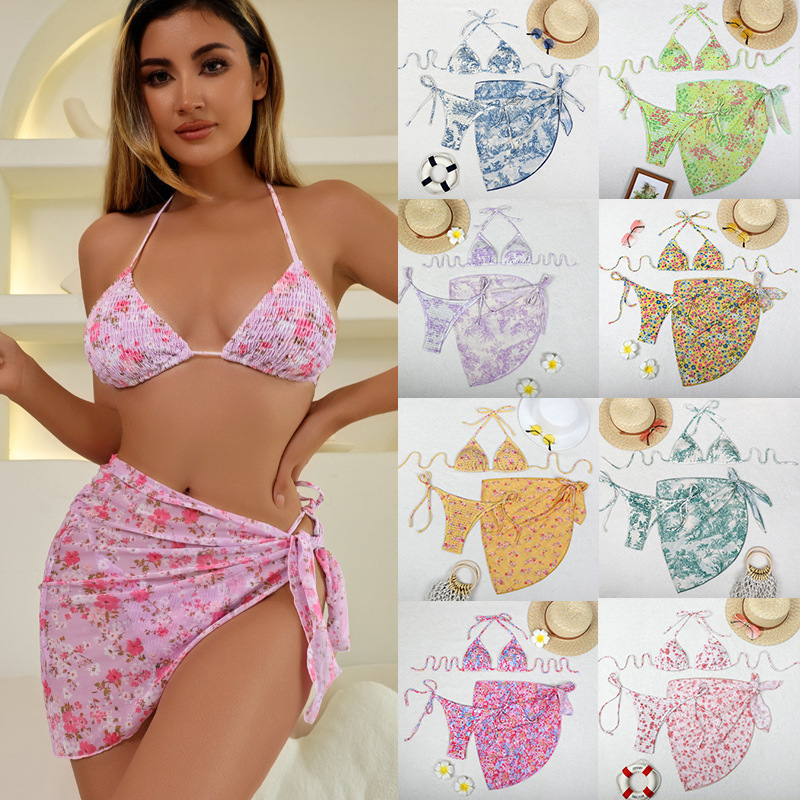 2024 European and American printed bikini three piece set cross-border Lazada gauze skirt split sexy vacation bikini swimsuit