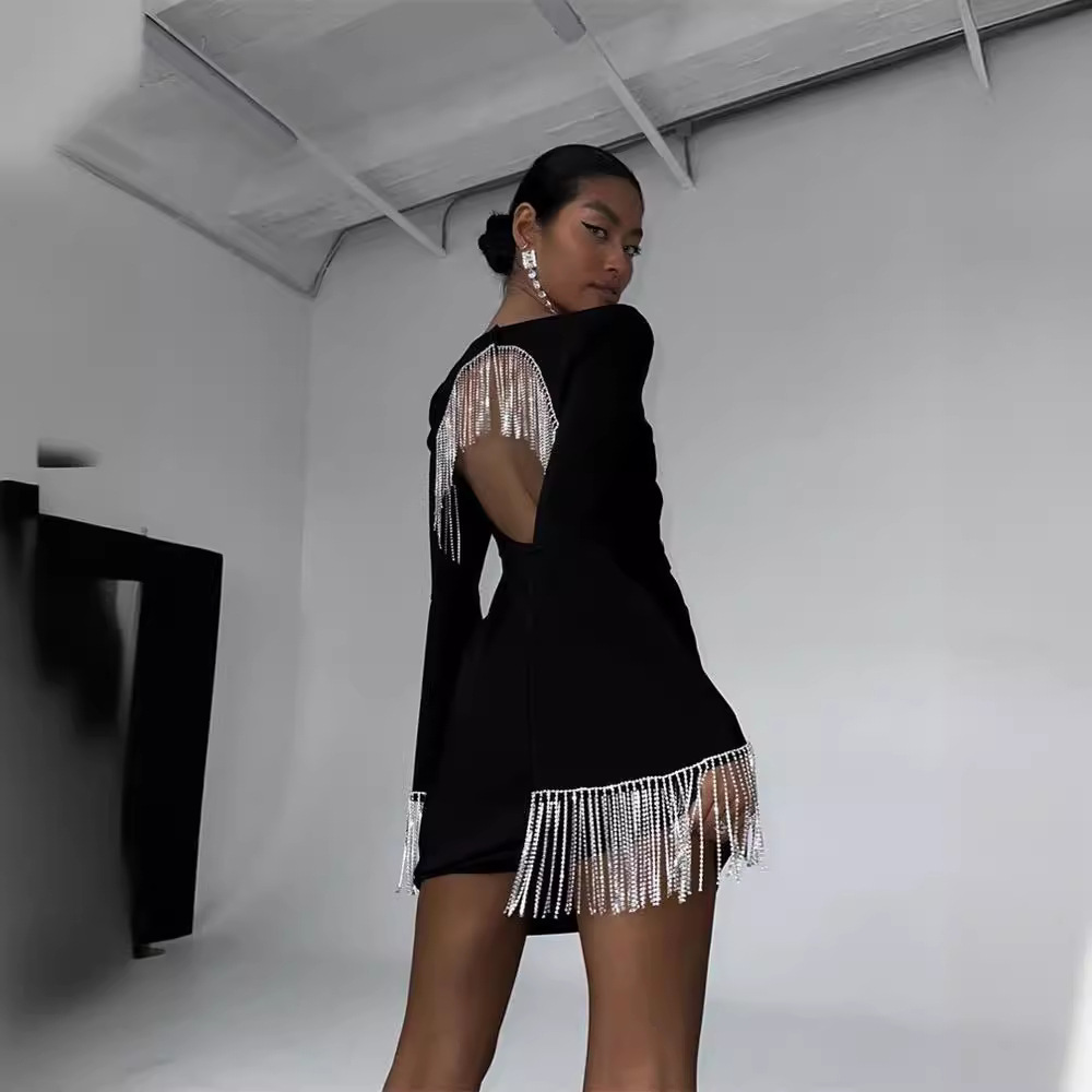 2024 European and American Amazon Cross border Tassel Fashion Back Hollow Horn Sleeve Medium length Black Dress 2024 European and American Amazon Cross border Tassel Fashion Back Hollow Horn Sleeve Medium length Black Dress