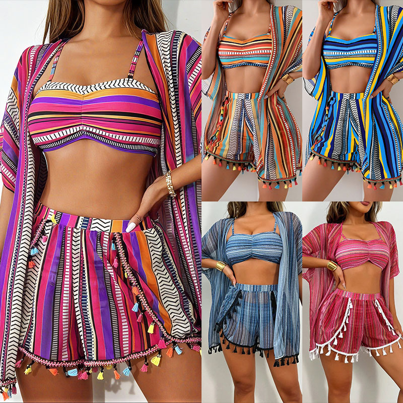 2025 European, American, Middle Eastern Cross border Amazon Sunscreen Hoodie Sexy Tassel Bikini Four Piece Swimsuit Set