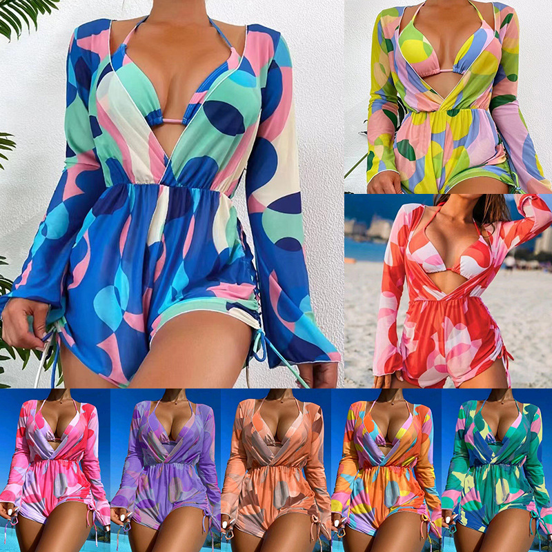 2025 Cross border Foreign Trade New Swimsuit Long Sleeve Mesh Hooded Shirt Bikini Three Piece Set Swimsuit Women's Bikini
