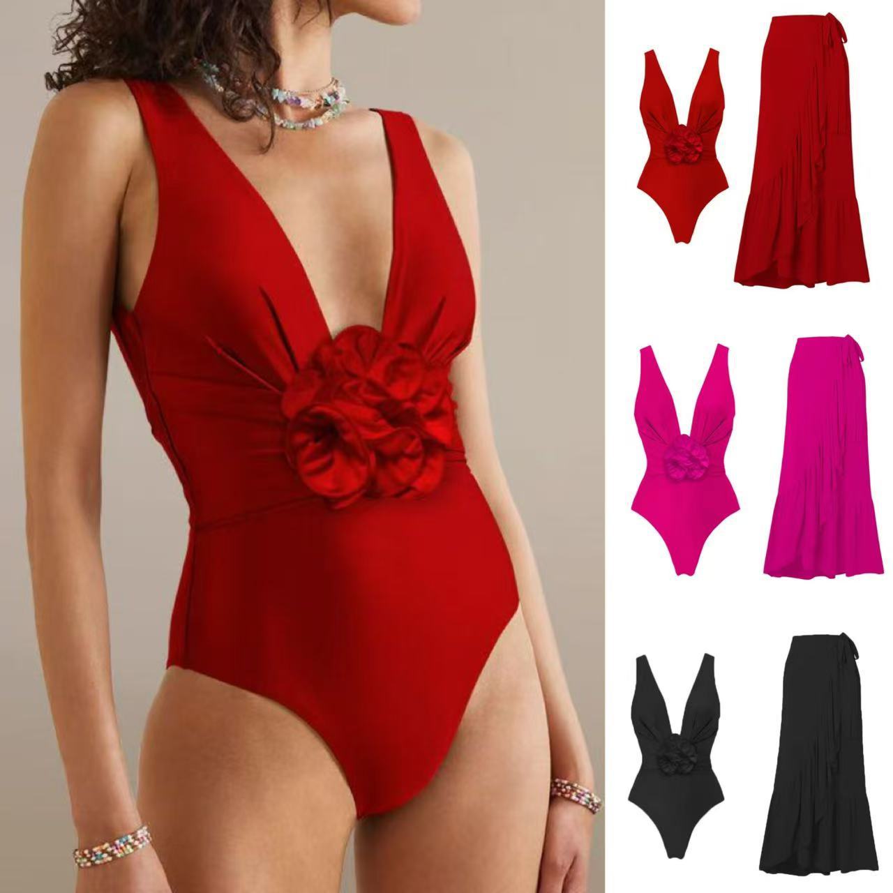 2025 European and American new one-piece swimsuit three-dimensional flower sexy cover belly cross-border Amazon mesh skirt hot spring swimsuit