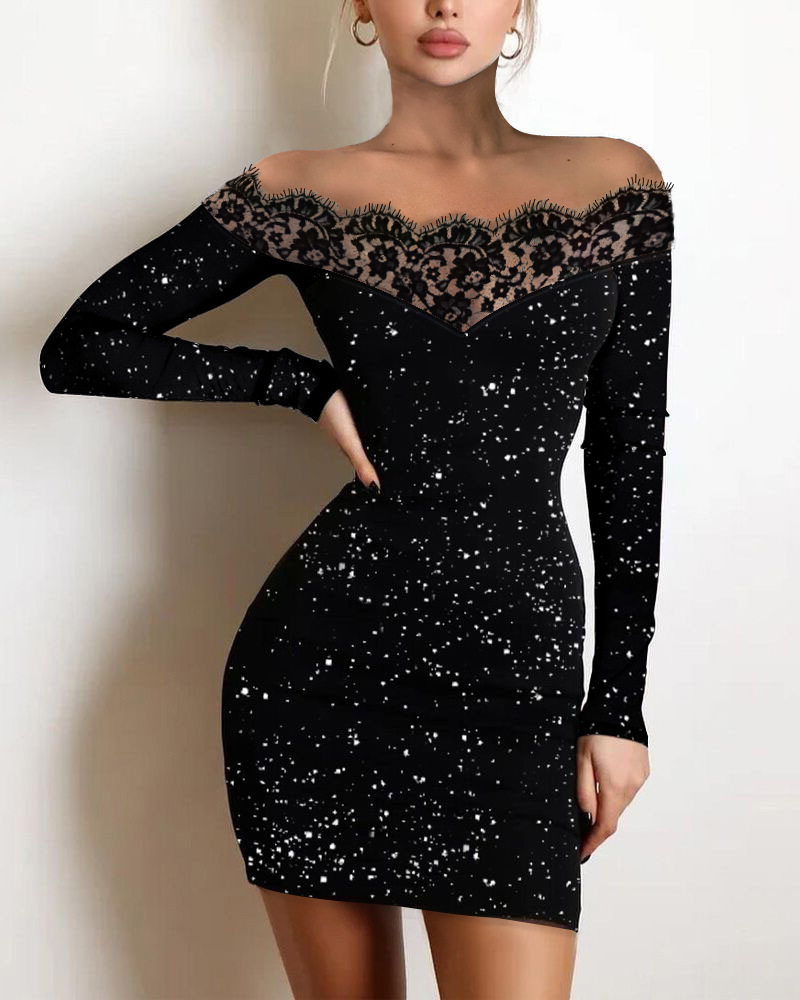 2022 European and American Amazon lace one shoulder dress with hollowed out sparkling highlights, elastic fabric wrapped hip skirt