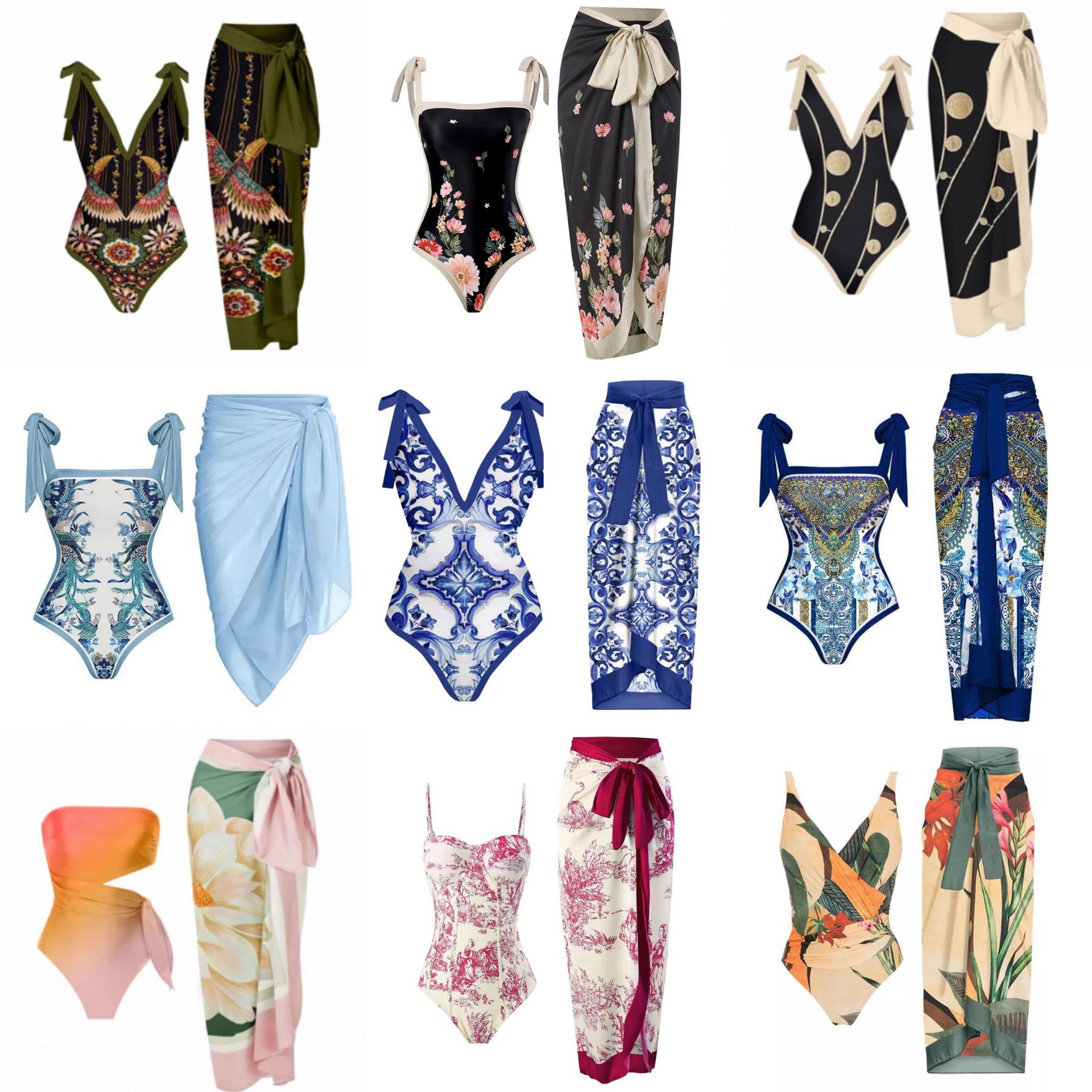 2025 European and American conjoined conservative belly covering slimming vacation beach hot spring swimsuit French retro conjoined bikini