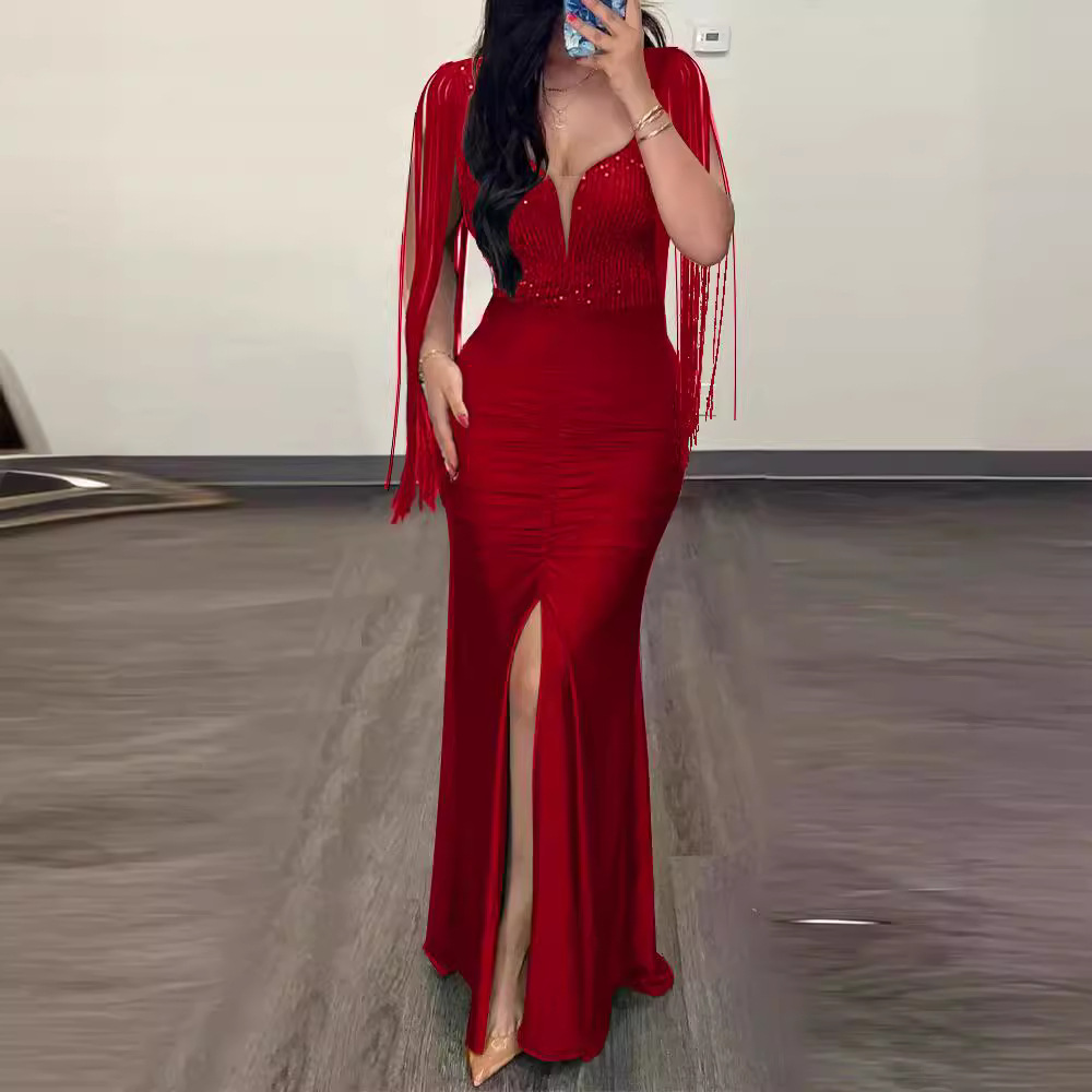 Cross border fashion pearl wrapped buttocks sexy dress with round neck and slit tassel sleeves pleated evening gown from Europe and America