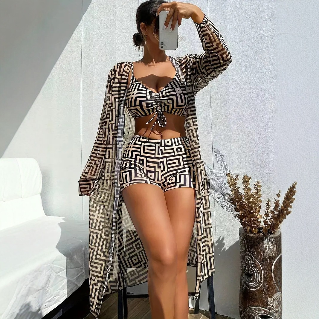 2025 New European and American Amazon Conservative Split Bikini 3-Piece Women's Sunscreen Cover Shirt Beach High Waist Flat Angle Pants