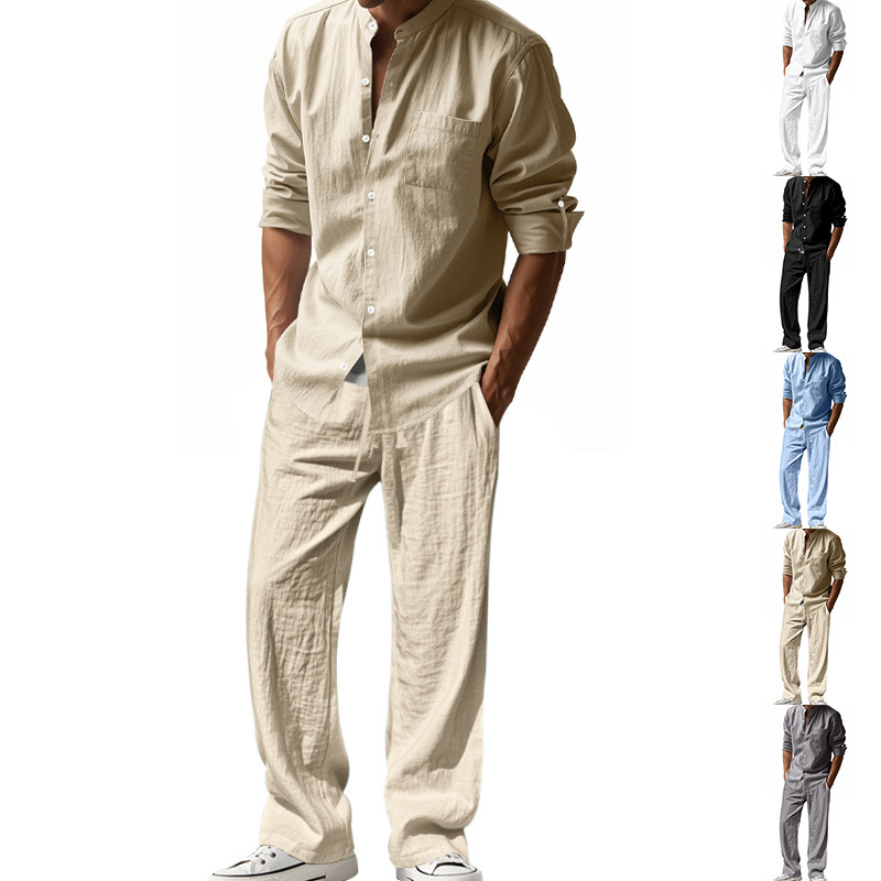 2025 Cross border American Four Seasons Linen Men's Casual Set Amazon Loose Long Sleeve Long Pants Shirt Set for Men