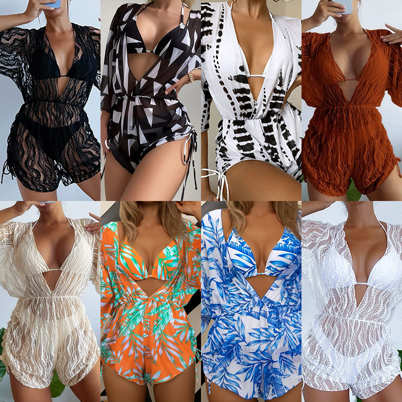 2024 Amazon long sleeved mesh waist cinched one-piece swimsuit with high waisted printed drawstring, European and American three piece bikini set