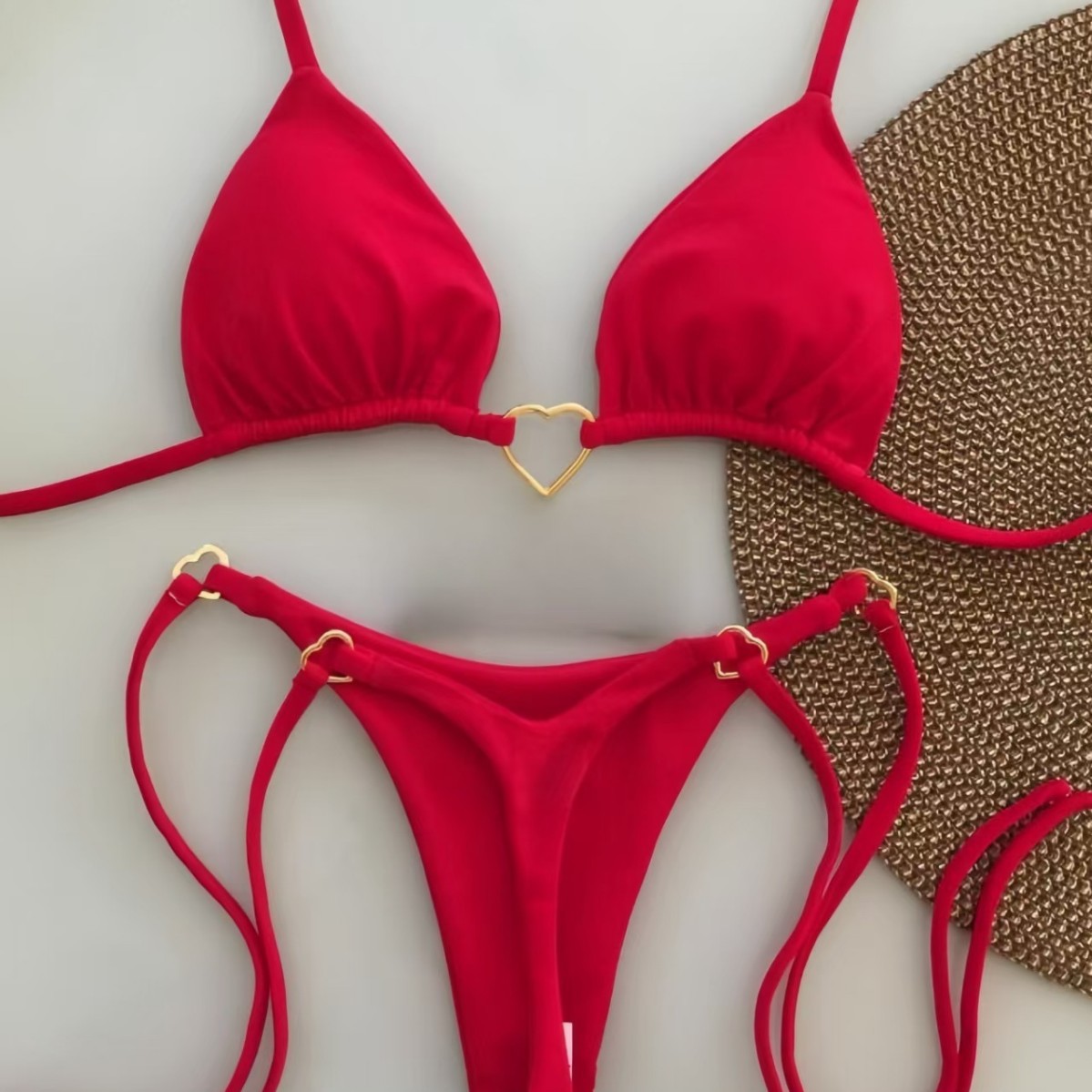 2025 New Nylon Solid Color Love Bikini Set Low Waist Strap European and American Fashion Biquini