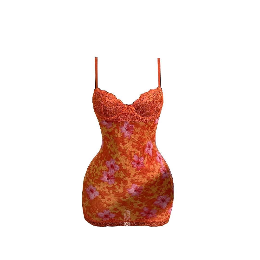 2025 Cross border Amazon Sexy Lace Strap Skirt Waist Collection Retro Printed Backless Flower Bag Hip Skirt Shattered Dress