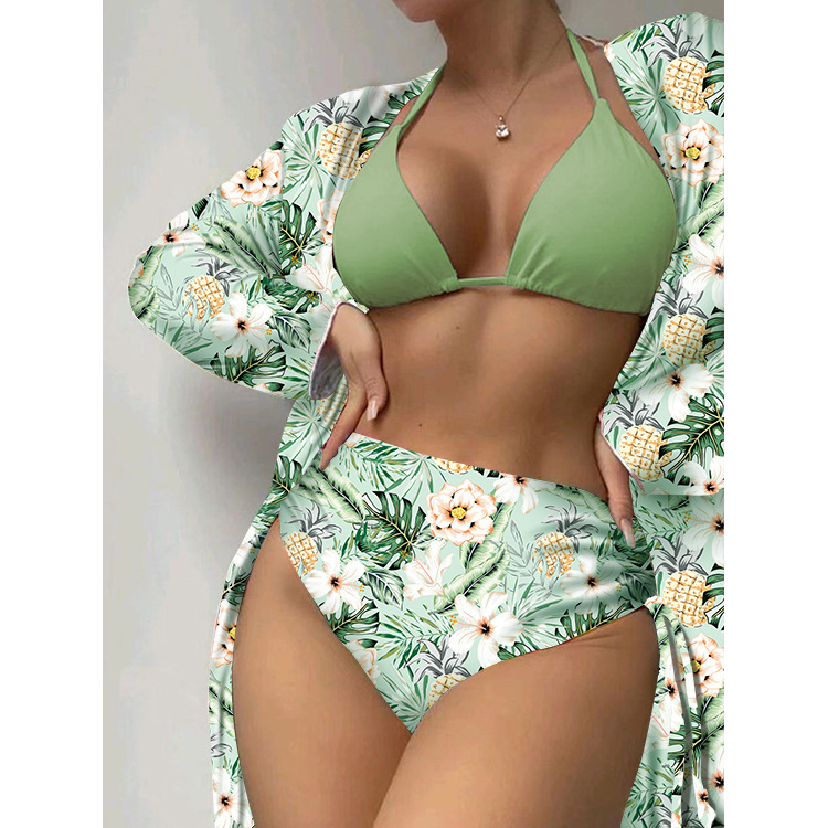 2023 European and American Cross border New Three piece Bikini Swimsuit Amazon High Waist Printed Long Sleeve Hoodie Bikini