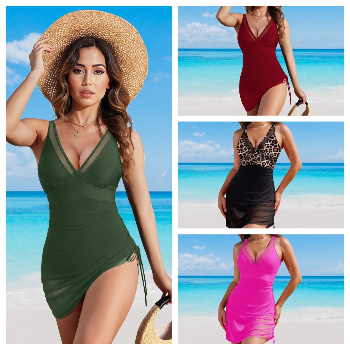 Amazon 2025 new skirt style swimsuit women's mesh splicing sexy deep V two-piece bikini cross-border swimsuit