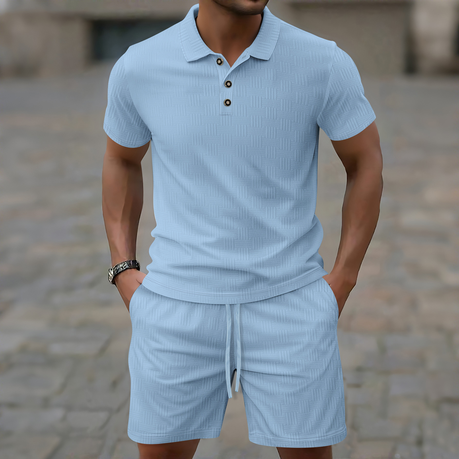 Cross border men's summer European and American new jacquard men's casual lapel polo shirt short sleeved shorts casual set