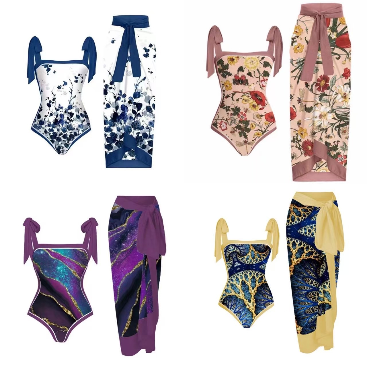 2025 European and American French retro one-piece bikini swimsuit women's hot spring vacation beach skirt two-piece set foreign trade swimsuit