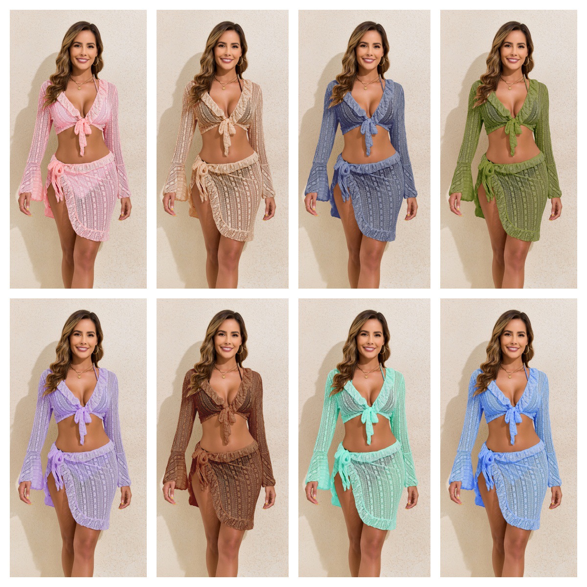 2025 Sunscreen Long Sleeve Hoodie Beach Skirt Bikini Four Piece Set European and American Amazon Sexy Split Swimsuit