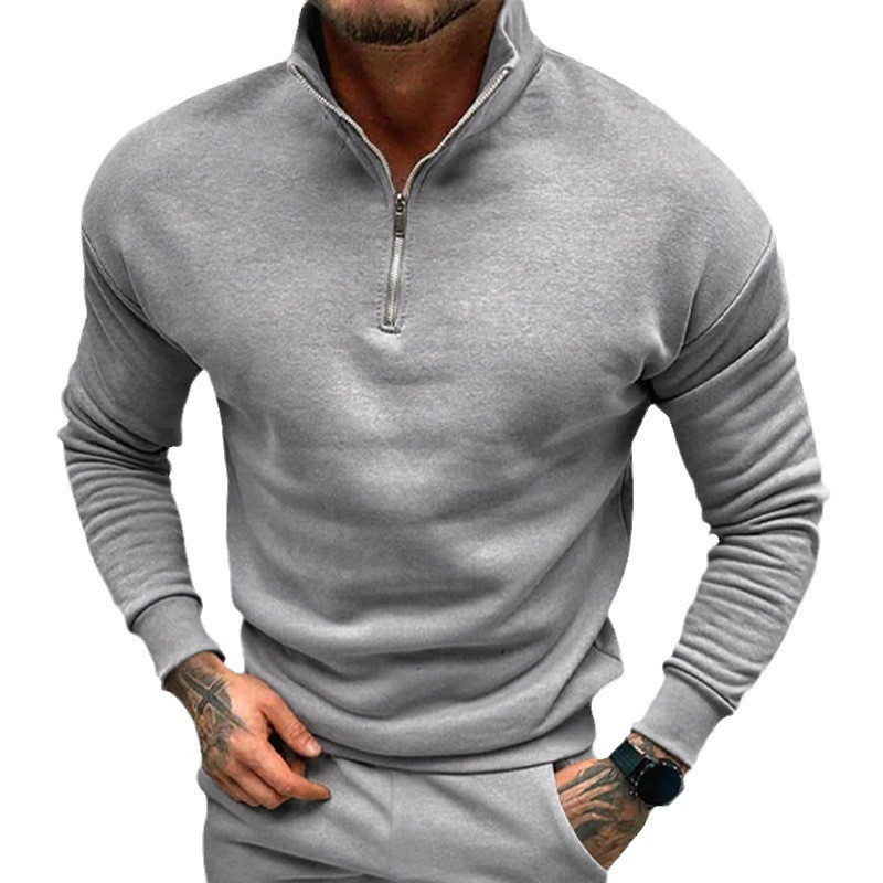 Foreign trade Amazon autumn and winter men's casual velvet solid color long sleeved European and American half zipper stand up collar sweatshirt top for men