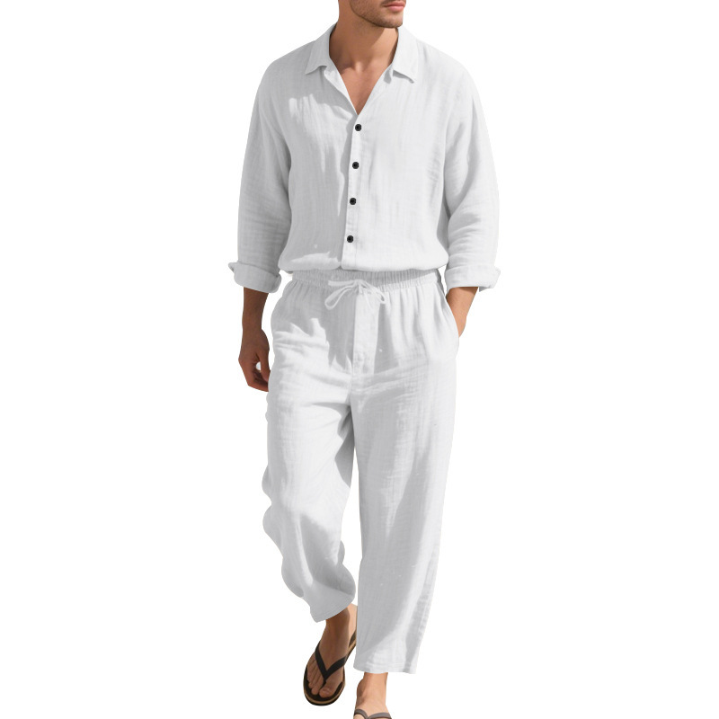 Cross border independent station American four season linen men's casual loose beach sunscreen long sleeved shirt long pants set