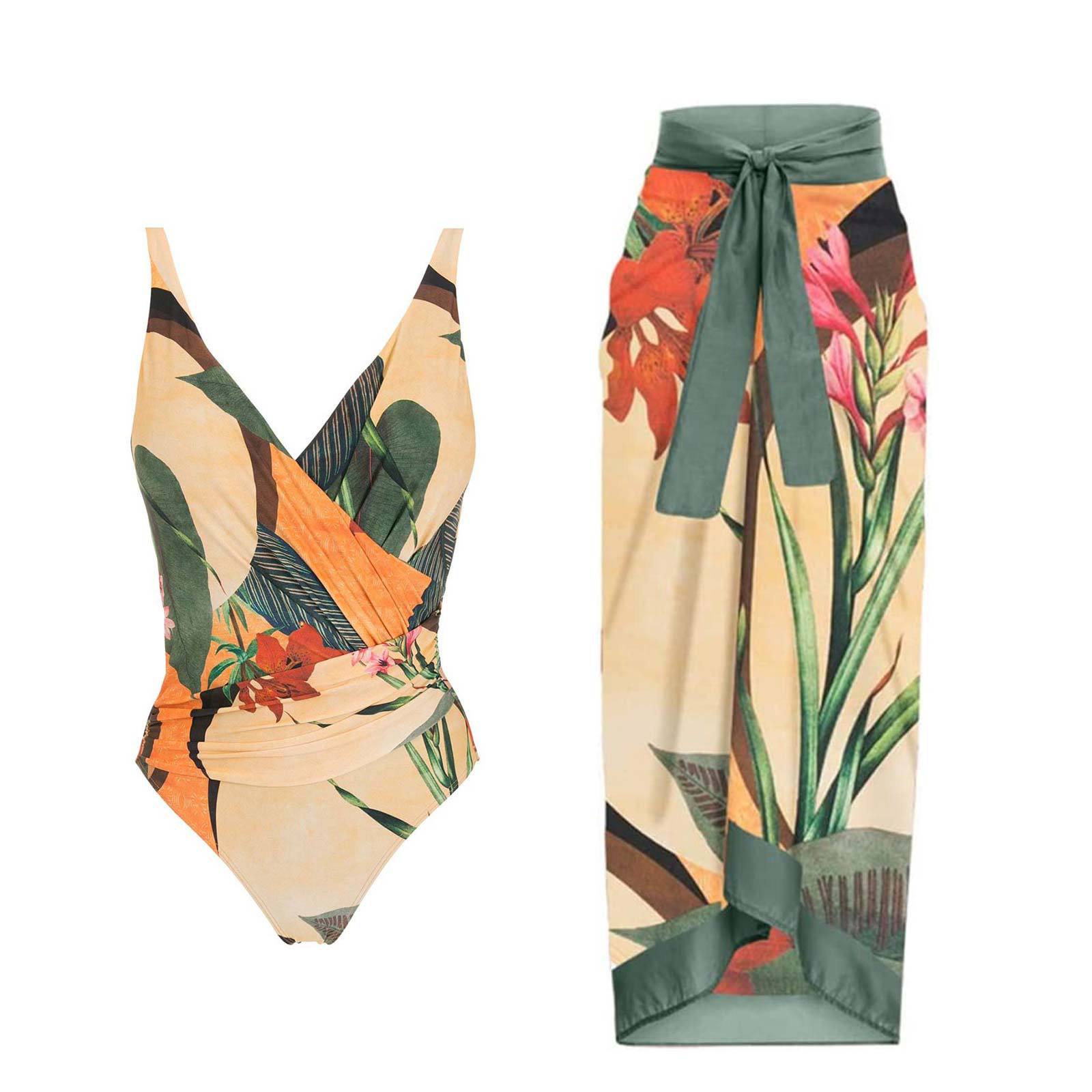 Qiaojia Yuan in stock 2025 new European and American one-piece swimsuit women's conservative belly covering chiffon skirt two-piece swimsuit set