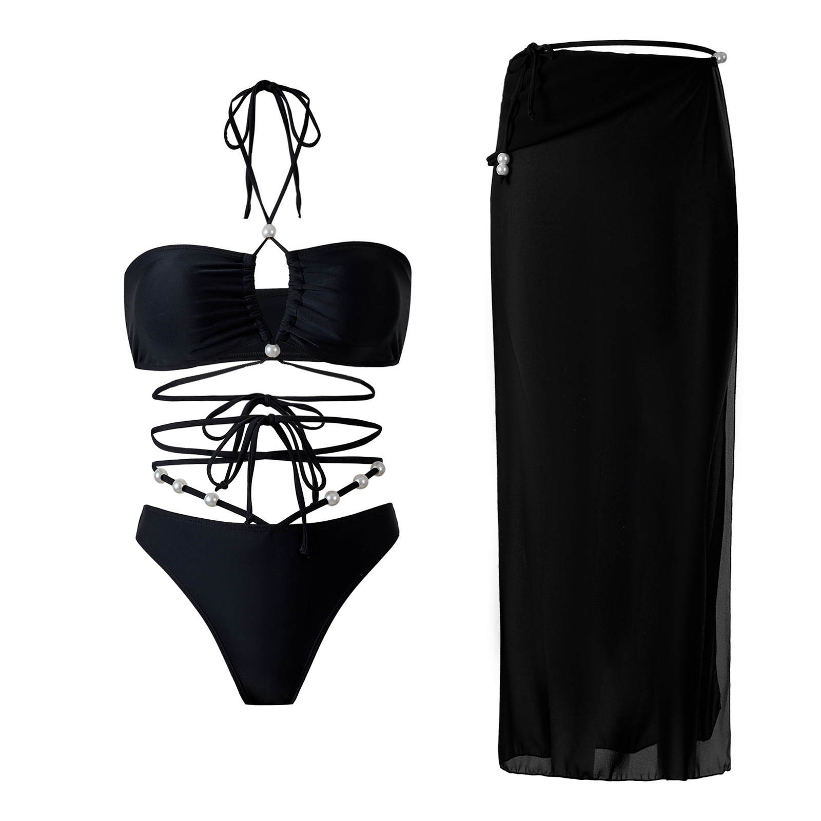 Qiao Jiayuan 2025 European and American new one-piece swimsuit, women's sexy neck hanging tie hot spring swimsuit three piece set